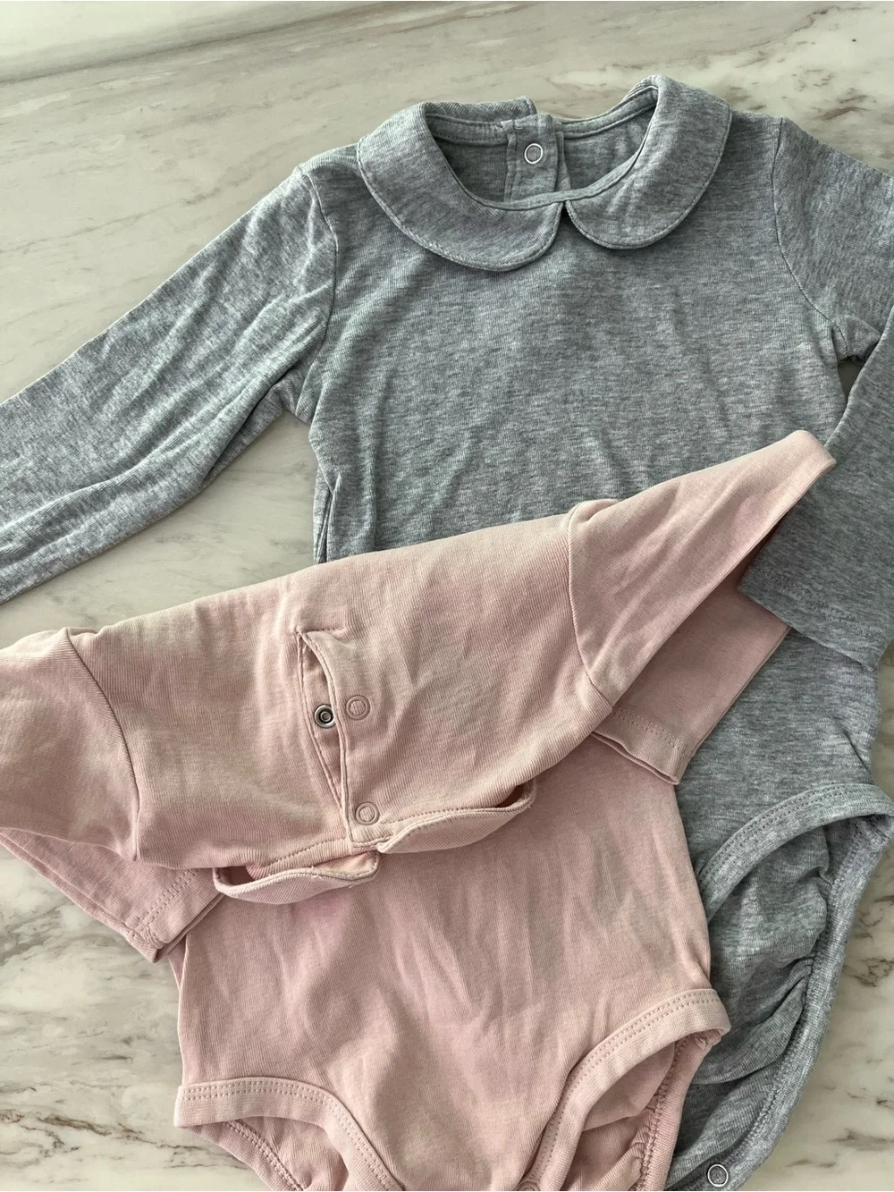 Set of Two Baby Long-Sleeve Peter Pan Collar Bodysuits - Pink & Gray